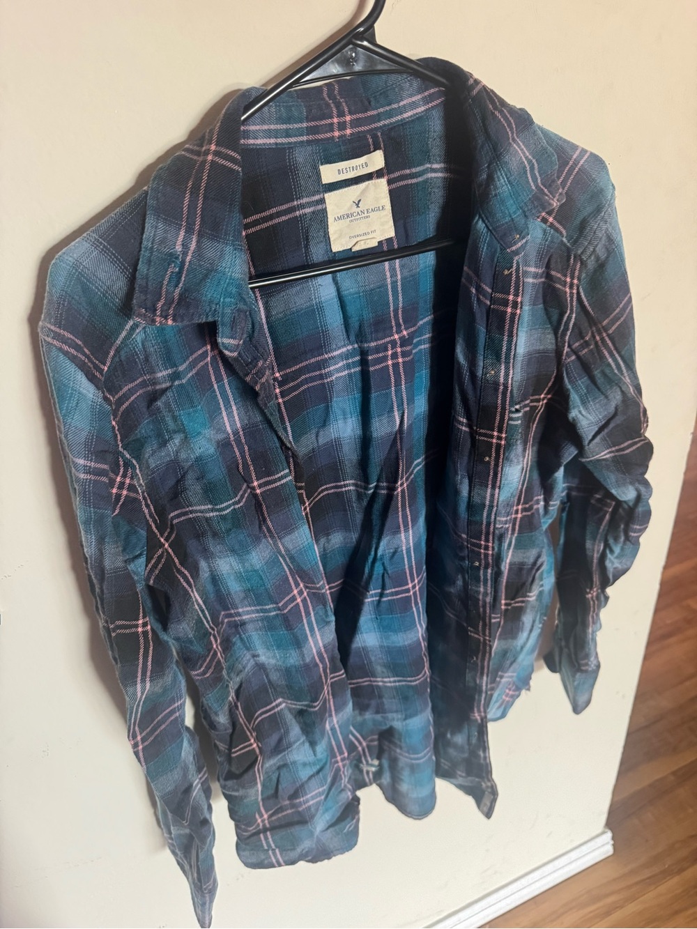 American Eagle Outfitters Girls Teal and Pink Plaid Button-Down Shirt